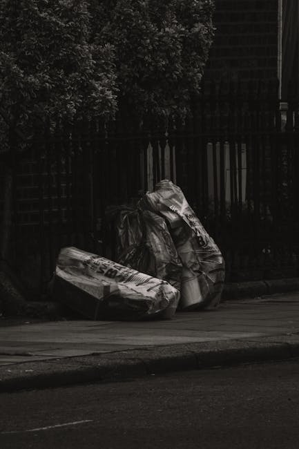 Three large black plastic garbage bags and a cardboard box are placed on the pavement near the edge of a residential street. The bags are tightly knotted and appear to contain household waste, with some visible creases and reflective surfaces. The cardboard box, positioned to the left, is partially crushed and has printed markings on its surface, indicating it was used for packaging. In the background, a dark wooden fence runs parallel to the pavement, with dense foliage of leafy trees behind it, casting shadow over the scene. The lighting suggests early evening or overcast conditions, with muted tones throughout. The setting indicates an informal or private waste disposal area, which could be related to a rubbish collection service, such as Waste Removal Uxbridge, offering alternative waste handling options outside municipal collection.